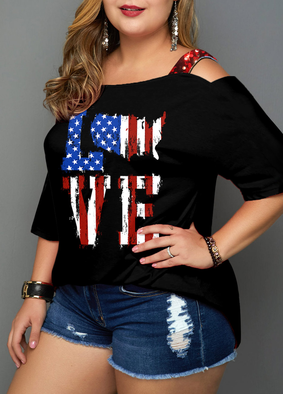 Plus Size American Flag Print Sequin Black T Shirt