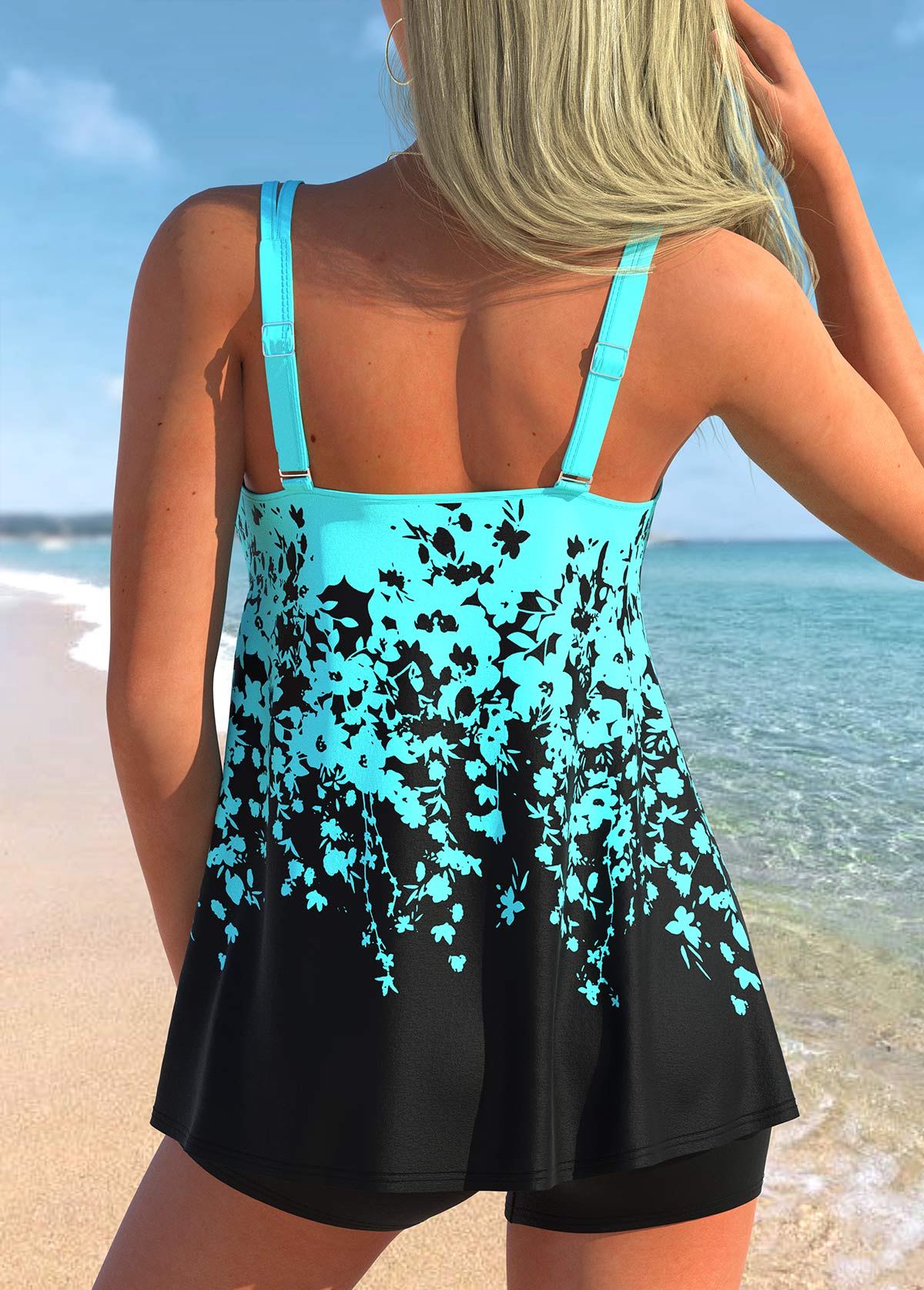 Double Straps Ombre Floral Print Cyan Swimdress Top