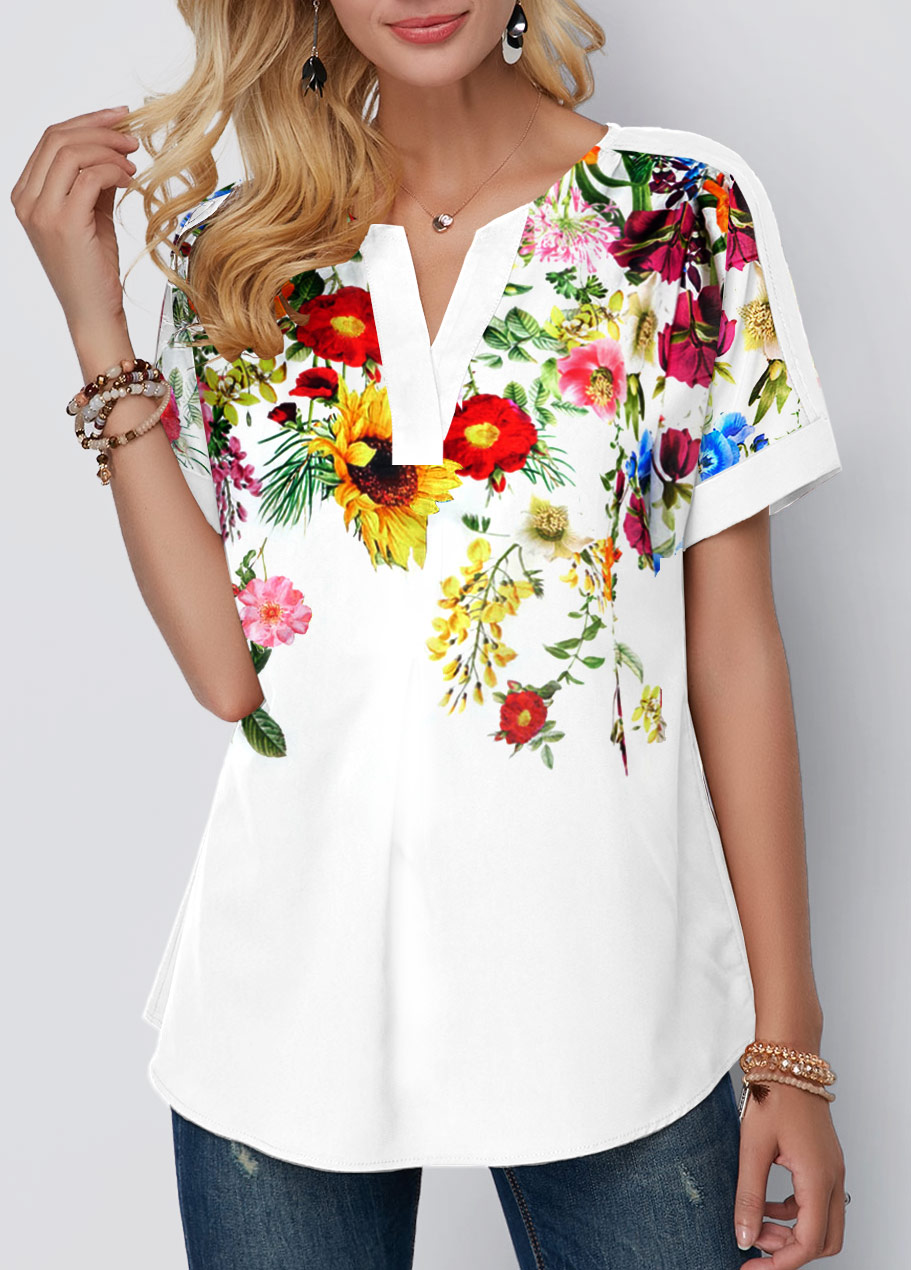 White Floral Print Split Neck T Shirt