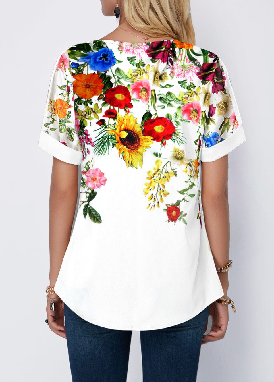 White Floral Print Split Neck T Shirt