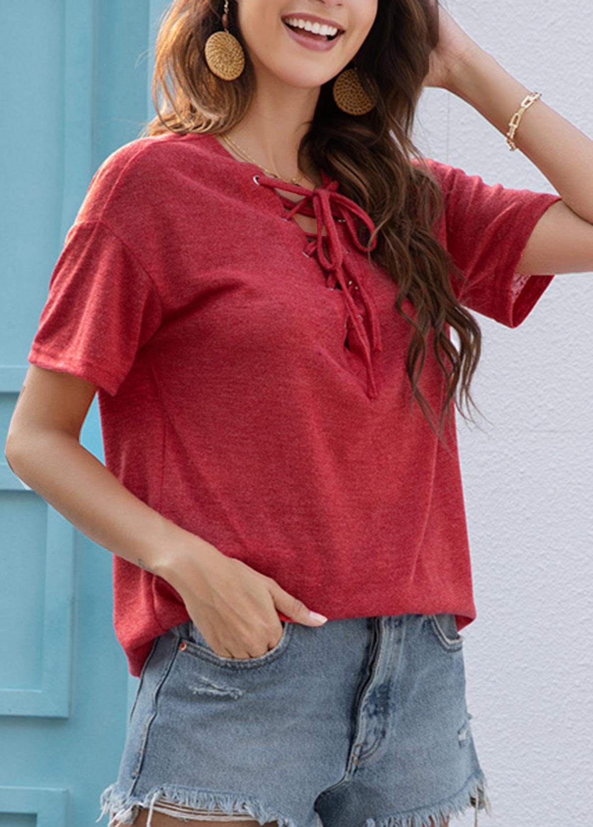Peach Red Lace Up Long Sleeve T Shirt