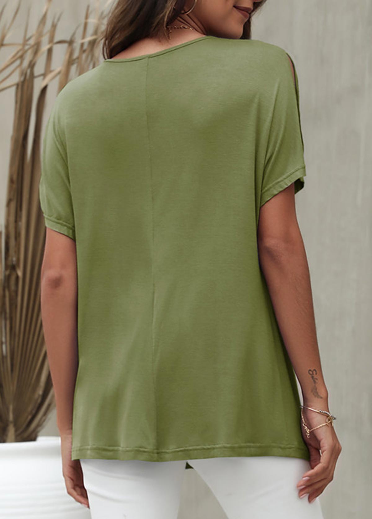 Slit Sleeve V Neck Army Green T Shirt