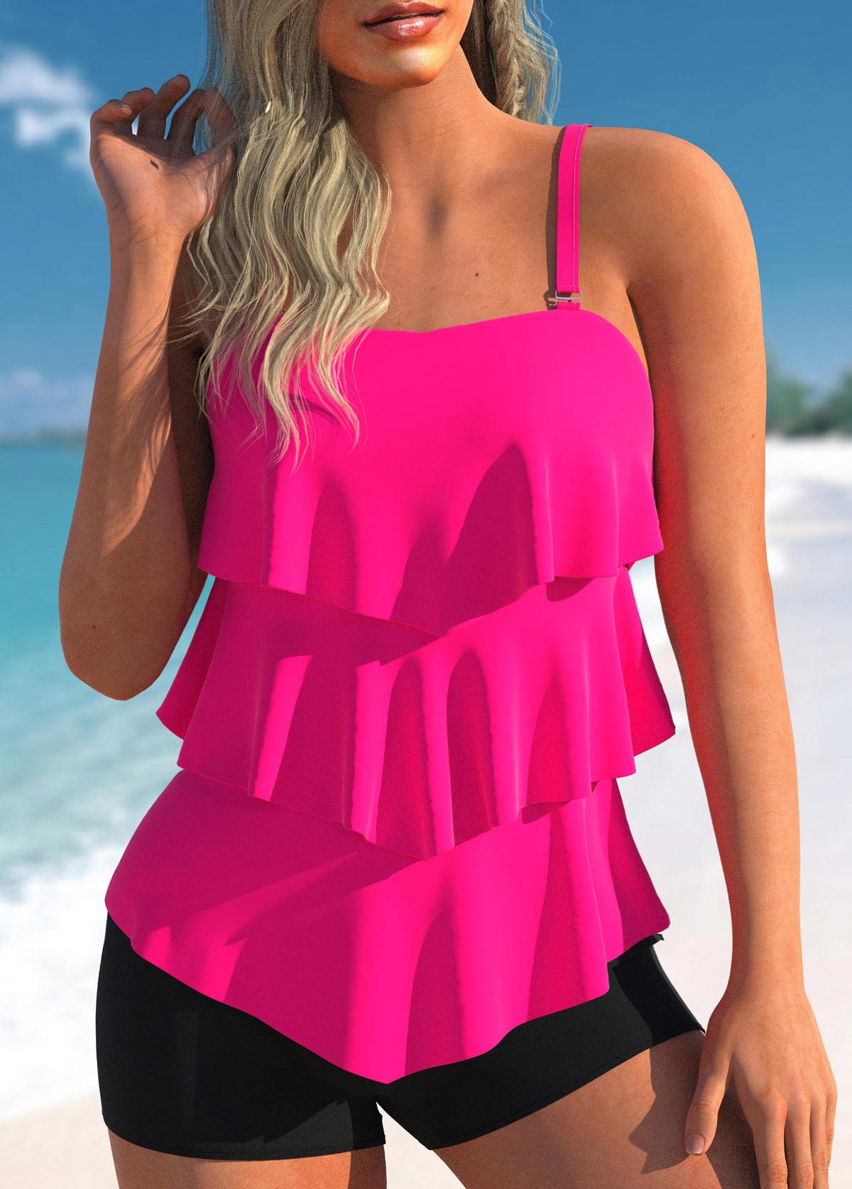Spaghetti Strap Layered Hem Rose Red Tankini Set