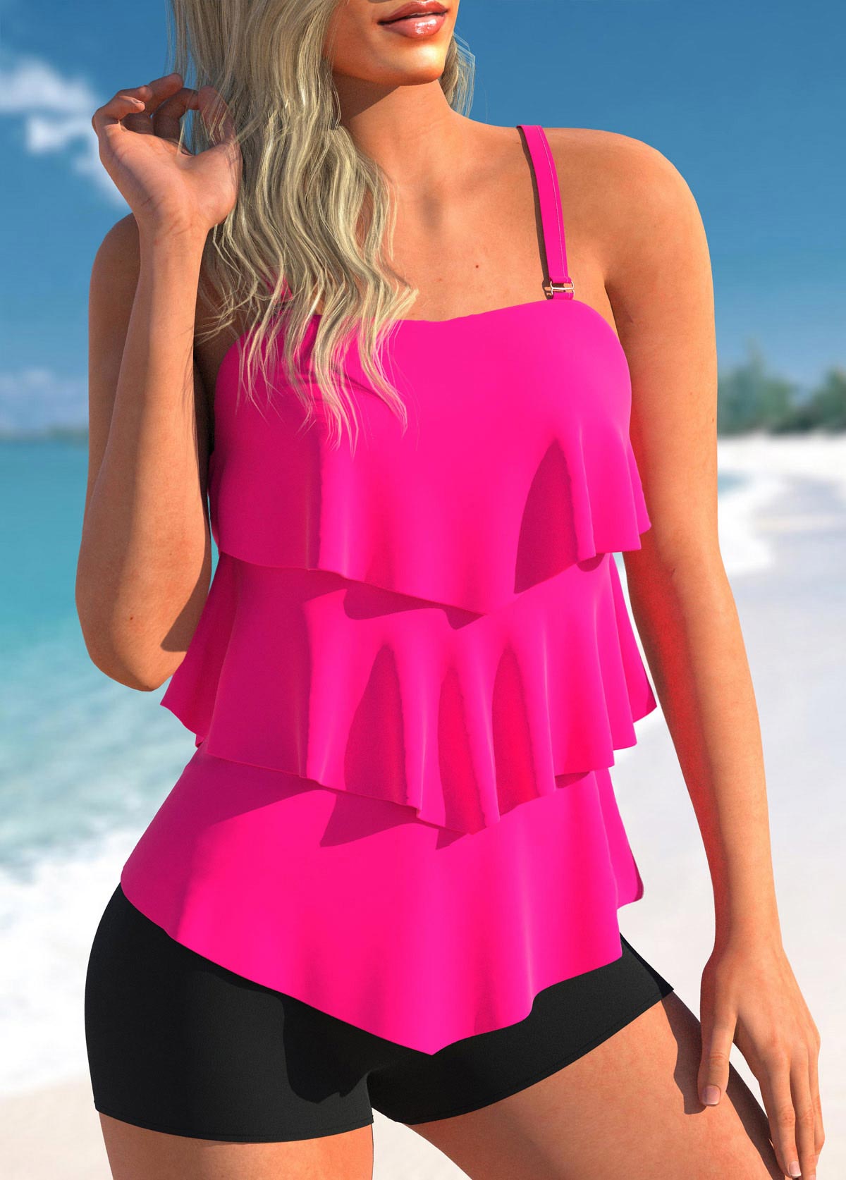 Spaghetti Strap Layered Hem Rose Red Tankini Set
