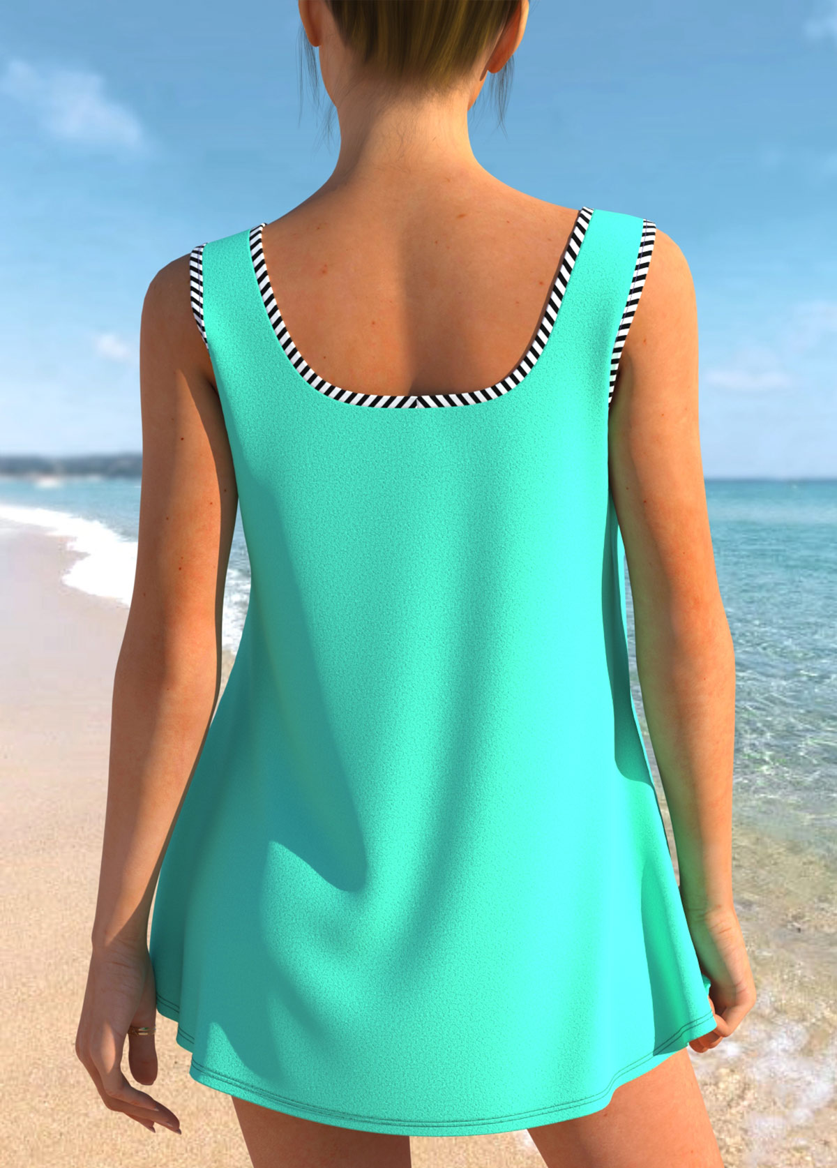 Cyan Striped Faux Two Piece Mesh Stitching Tankini Set