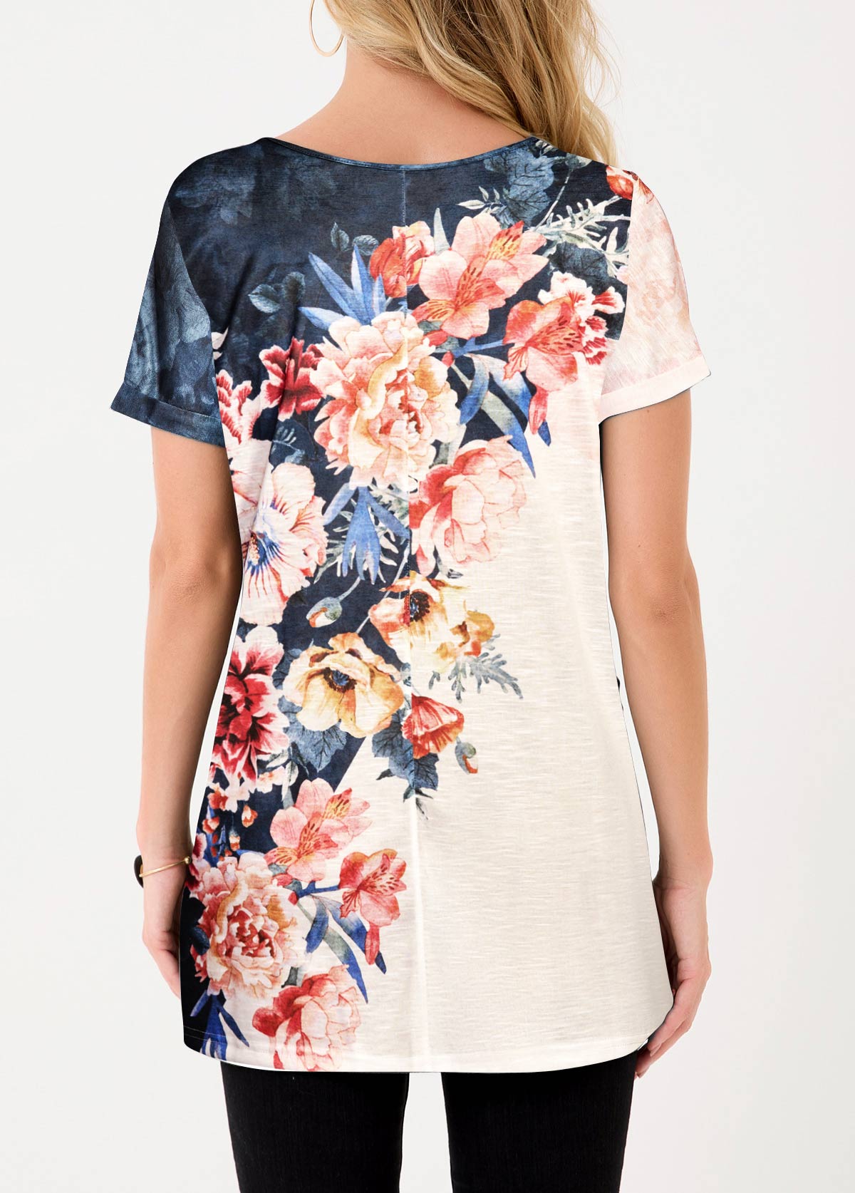 Asymmetric Hem Multi Color Floral Print T Shirt