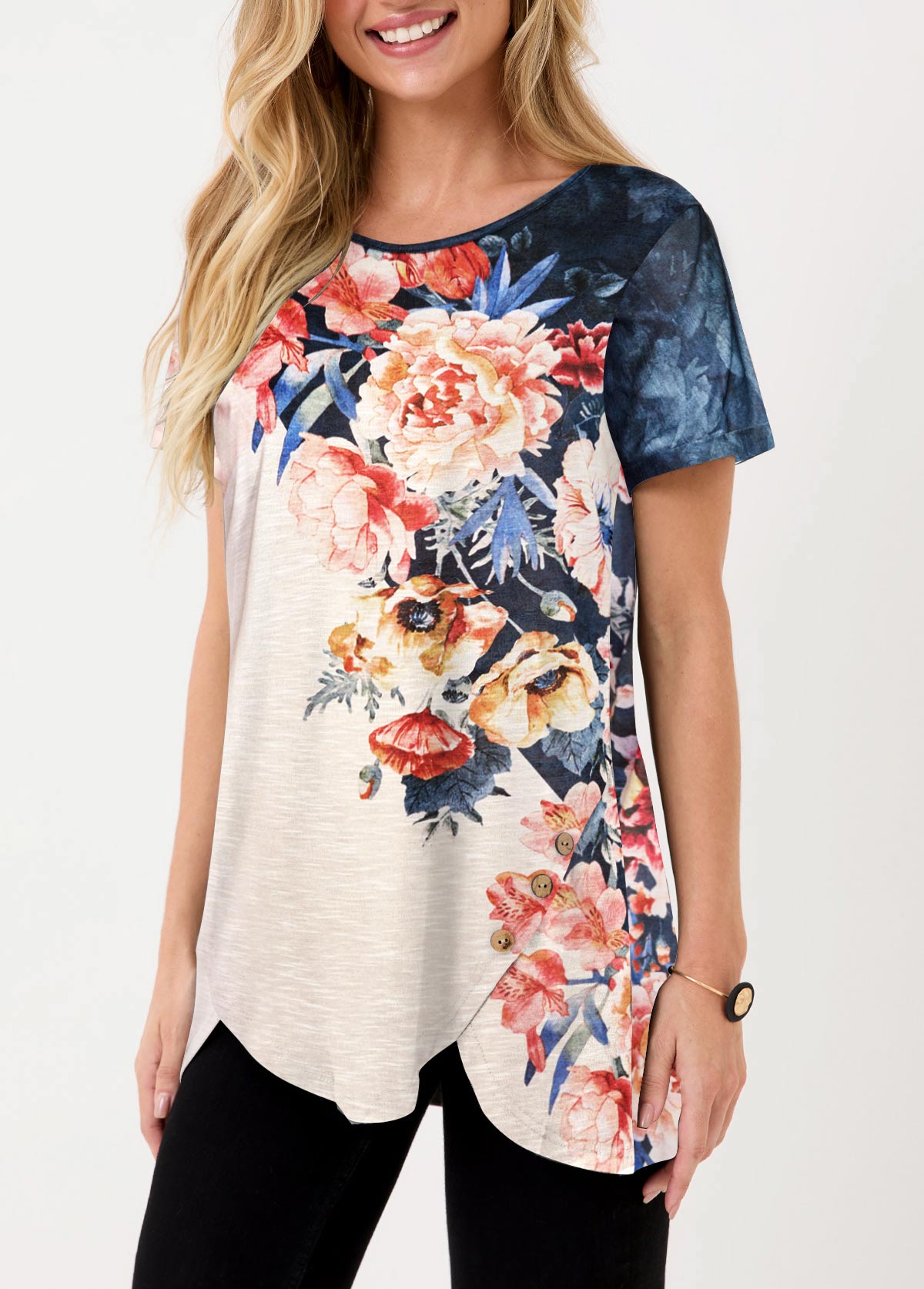 Asymmetric Hem Multi Color Floral Print T Shirt