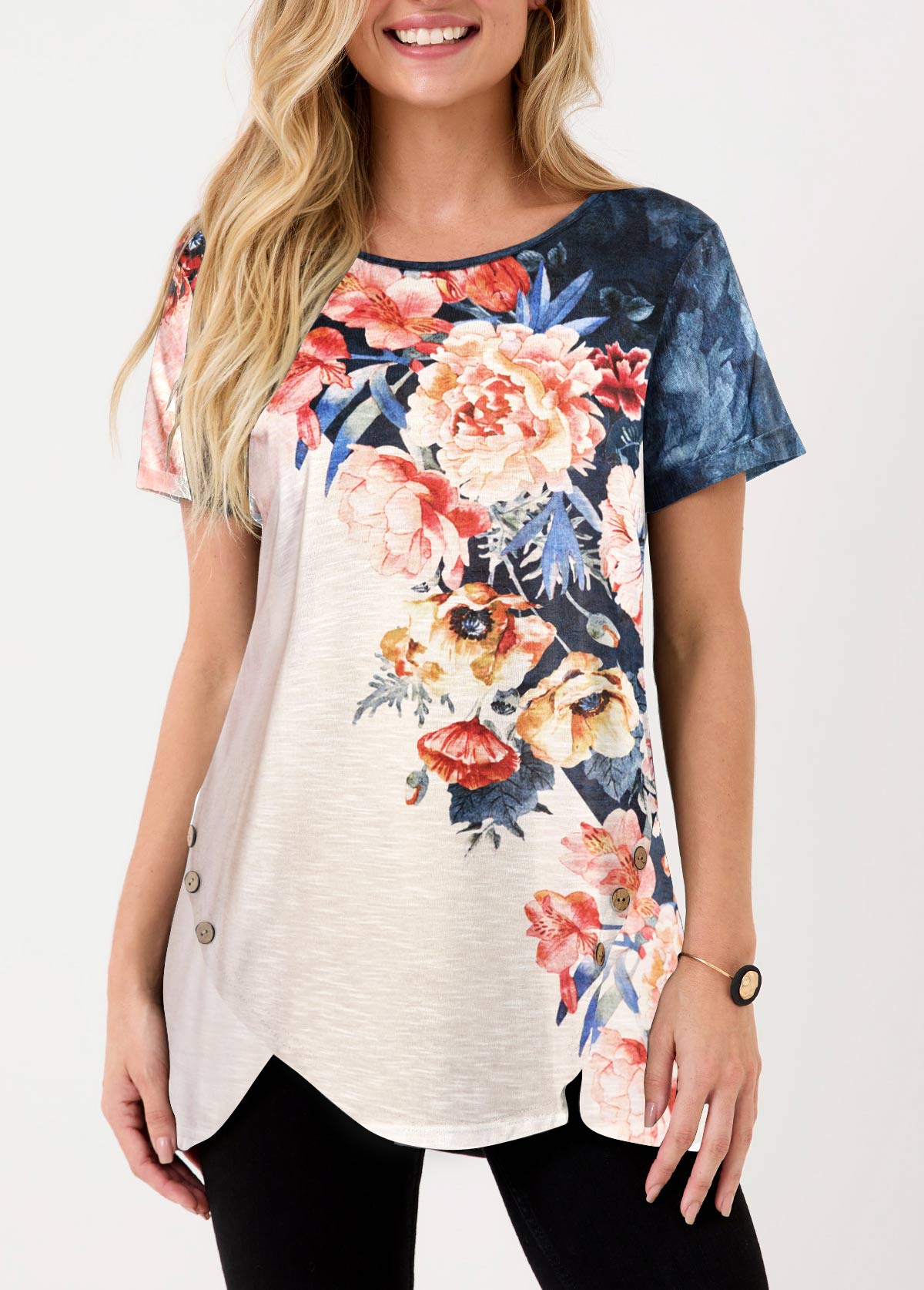 Asymmetric Hem Multi Color Floral Print T Shirt
