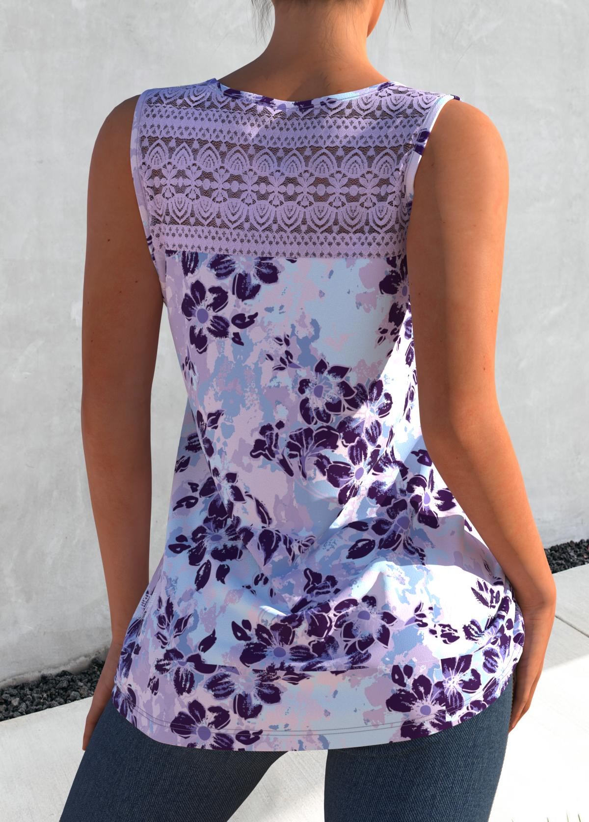 Light Purple Lace Stitching Floral Print Tank Top