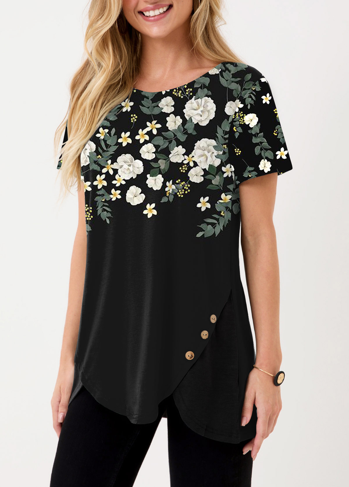 Floral Print Inclined Button Black T Shirt