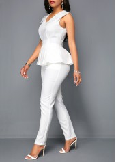 White V Neck Sleeveless Peplum Jumpsuit