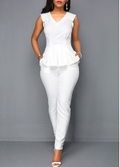 White V Neck Sleeveless Peplum Jumpsuit