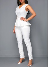 White V Neck Sleeveless Peplum Jumpsuit