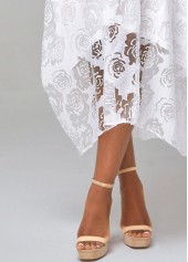 Floral Print Mesh Stitching Sheer Asymmetric Hem White Dress
