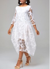 Floral Print Mesh Stitching Sheer Asymmetric Hem White Dress