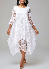 Floral Print Mesh Stitching Sheer Asymmetric Hem White Dress