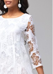 Floral Print Mesh Stitching Sheer Asymmetric Hem White Dress