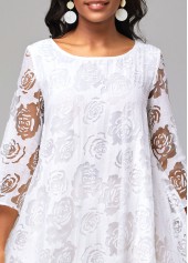 Floral Print Mesh Stitching Sheer Asymmetric Hem White Dress