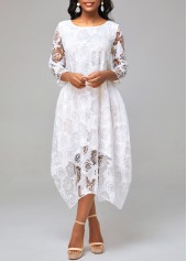 Floral Print Mesh Stitching Sheer Asymmetric Hem White Dress