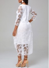 Floral Print Mesh Stitching Sheer Asymmetric Hem White Dress