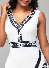 White Tribal Print Sleeveless V Neck Dress