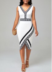 White Tribal Print Sleeveless V Neck Dress