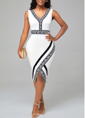 White Tribal Print Sleeveless V Neck Dress