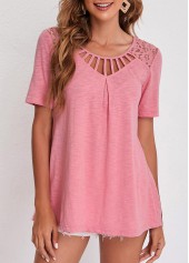Cage Neck Lace Patchwork Pink T Shirt