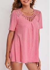 Cage Neck Lace Patchwork Pink T Shirt