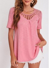 Cage Neck Lace Patchwork Pink T Shirt
