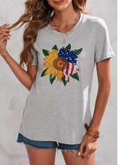 American Flag Print Short Sleeve Light Grey T Shirt