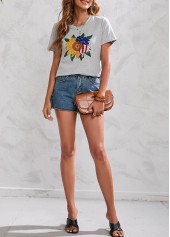 American Flag Print Short Sleeve Light Grey T Shirt