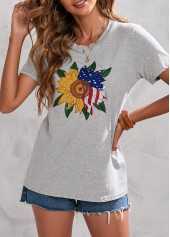 American Flag Print Short Sleeve Light Grey T Shirt