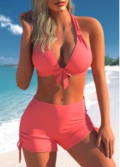 Mid Waist Coral Red Drawstring Side Bikini Set