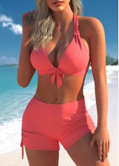 Mid Waist Coral Red Drawstring Side Bikini Set