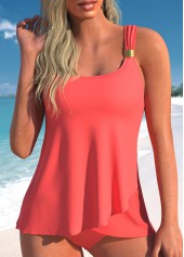 Metal Detail Wide Strap Coral Red Tankini Set