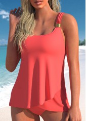 Metal Detail Wide Strap Coral Red Tankini Set