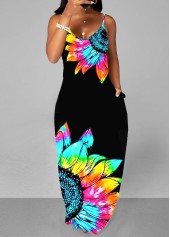 Floral Print Black Spaghetti Strap Maxi Dress