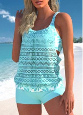 Cyan Plus Size Lace Stitching Leaf Print Tankini Set