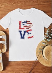 White American Flag Print Round Neck T Shirt