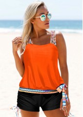 Coral Orange Tribal Print Tie Side Tankini Set