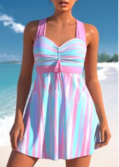 Striped Graffiti Print Light Pink Swimdress Set