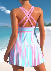 Striped Graffiti Print Light Pink Swimdress Set