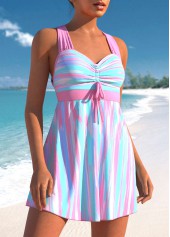 Striped Graffiti Print Light Pink Swimdress Set