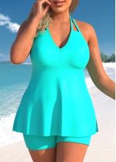 Halter Plus Size Double Straps Cyan Tankini Set