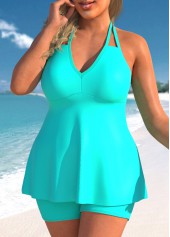 Halter Plus Size Double Straps Cyan Tankini Set