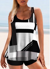 Geometric Print Plus Size Double Straps Black Tankini Top-No Bottom