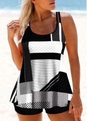 Geometric Print Plus Size Double Straps Black Tankini Top-No Bottom