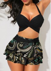 Front Cross Layered Ruffle Hem High Waisted Bikini Set