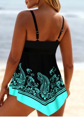 Tribal Print Asymmetry Cyan Tankini Set